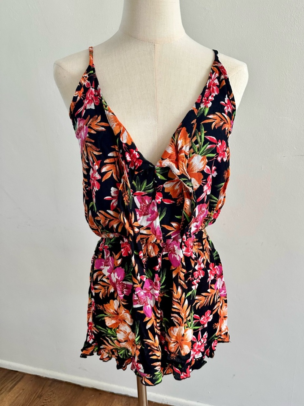 Mossimo Black Tropical Floral Romper Spaghetti Strap Summer Lightweight M